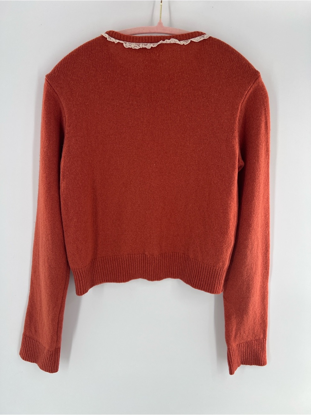 Vintage Agnes B. Rust Red Ruffle-Trim Cardigan Sweater feminine romantic dainty - Picture 3 of 8